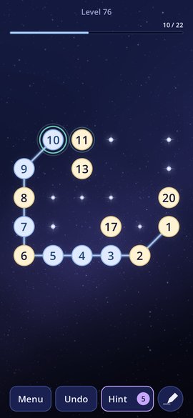 A puzzle in progress. A line joins the numbered stars from 1 to 13 across the night sky.