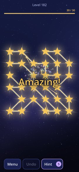 A solved puzzle. Every star turns gold and the finished constellation glows.