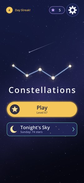 The main menu, with a four-day streak, the Play button, and Tonight's Sky, the daily puzzle.
